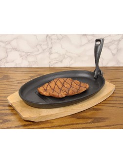 Ebros Personal Size 10.5" By 7" Enamel Coated Cast Iron Sizzling Fajita Skillet Ridged Japanese Steak Plate With Handle and Wood Base For Restaurant Home Kitchen Cooking Pan Grilling Meats Seafood - BBZHCFV34