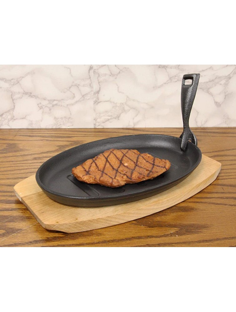 Ebros Personal Size 10.5" By 7" Enamel Coated Cast Iron Sizzling Fajita Skillet Ridged Japanese Steak Plate With Handle and Wood Base For Restaurant Home Kitchen Cooking Pan Grilling Meats Seafood - BBZHCFV34