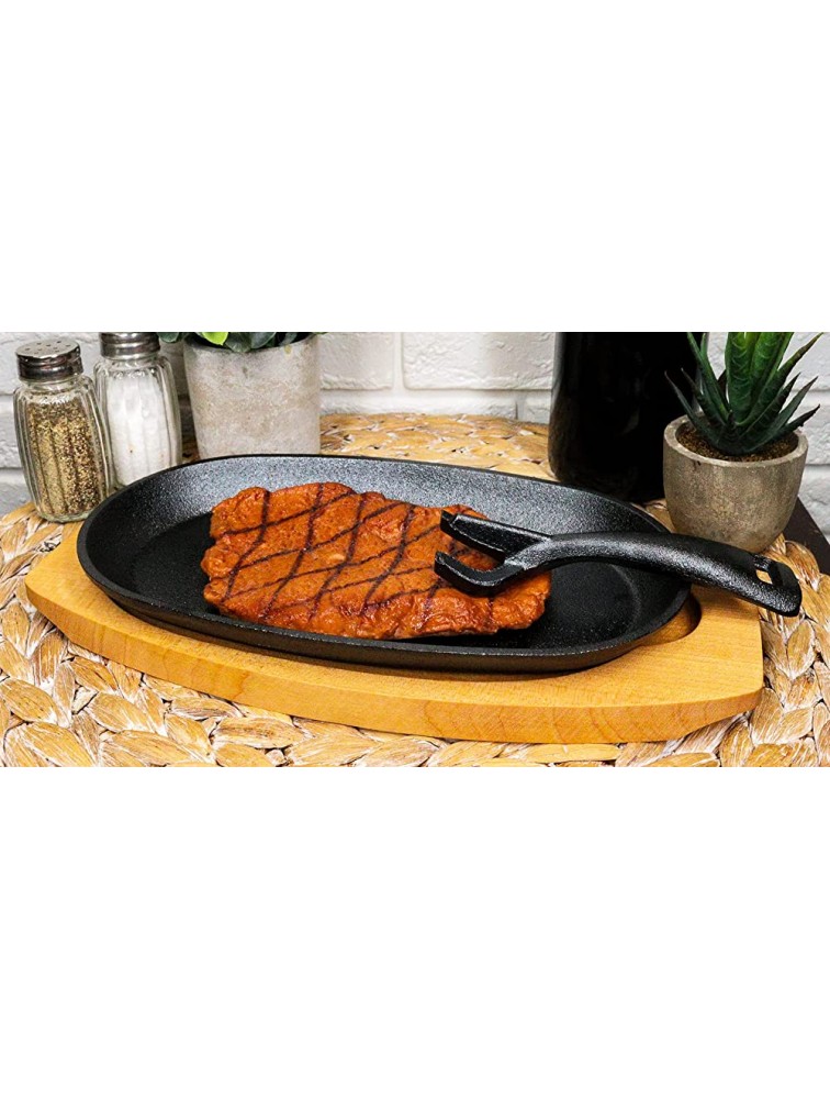 Ebros Personal Sized 9.5Lx5.5W Cast Iron Sizzling Fajita Skillet Japanese Steak Plate With Handle and Wooden Base For Restaurant Home Kitchen Cooking Accessory For Pan Grilling Meats Seafood - B8DRVWC3Q