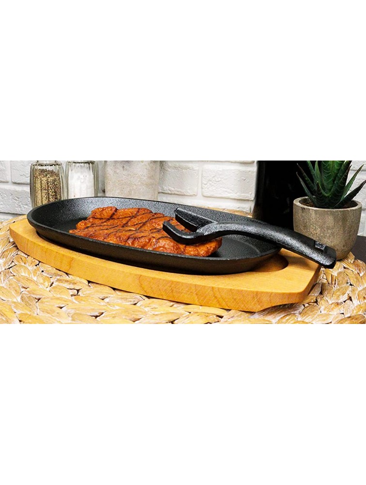 Ebros Personal Sized 9.5Lx5.5W Cast Iron Sizzling Fajita Skillet Japanese Steak Plate With Handle and Wooden Base For Restaurant Home Kitchen Cooking Accessory For Pan Grilling Meats Seafood - B8DRVWC3Q