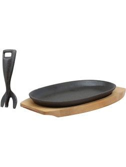 Ebros Personal Sized 9.5"Lx5.5"W Cast Iron Sizzling Fajita Skillet Japanese Steak Plate With Handle and Wooden Base For Restaurant Home Kitchen Cooking Accessory For Pan Grilling Meats Seafood - B8DRVWC3Q