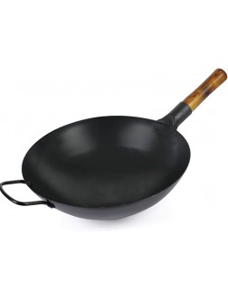Handmade Iron Wok Asian Pan Stirring with Helper Handle Flat Bottom Pow Wok,Old-Fashioned Iron Pan Uncoated Frying Pan,Non-Stick Pan for Household Gas Stove-34cm - BMFF737NG