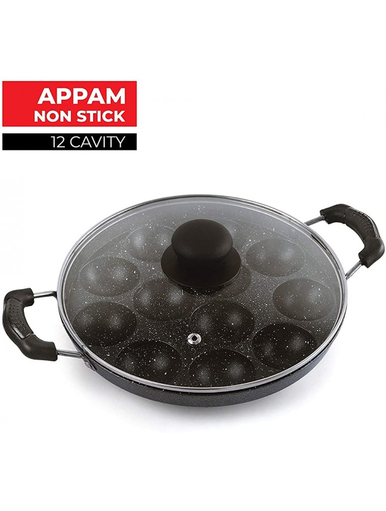 Heavy Weight Non Stick Aluminium Appam Maker Pan with Glass Lid Grey-12 Cavity - B1YC672CN