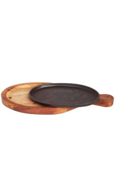 Sahishnu Online And Marketing Fajita Pan with Wooden Tray Handle Sizzling Brownie Sizzler Plate Tray with Wooden Base with Handle - BLITBK7AE