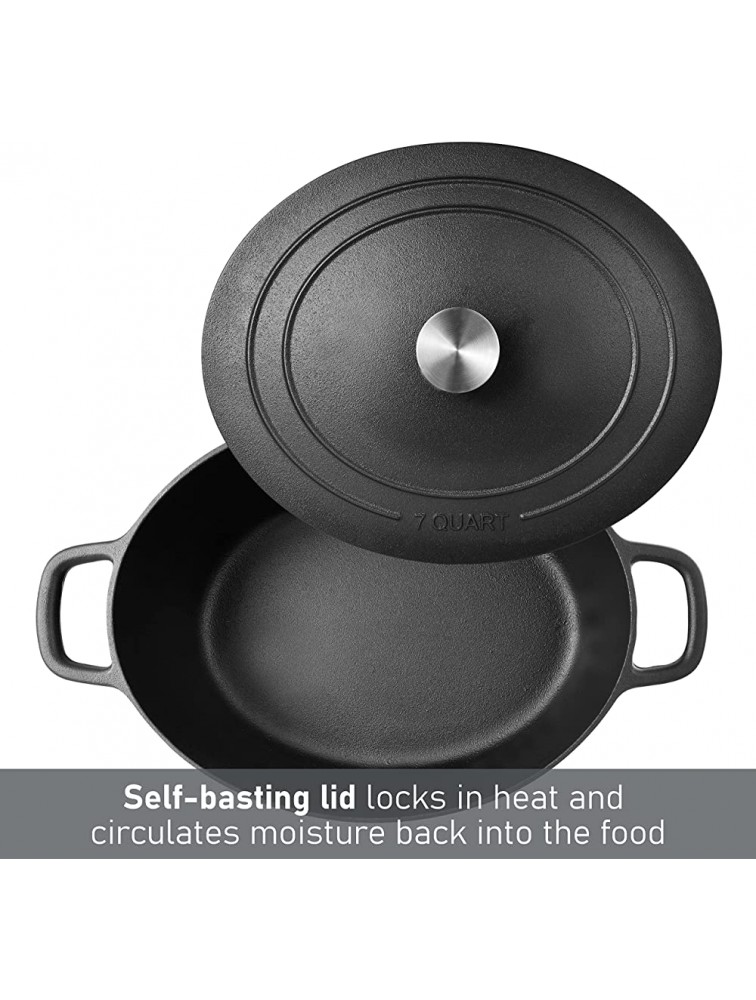 BBQ by MasterPRO Pre-Seasoned Cast Iron Pan 7 Quart Dutch Oven with Oval Lid Indoor and Outdoor Use Grill Stovetop Induction Oven and Campfire Safe Nonstick Cookware Black - BMGXEFP6I