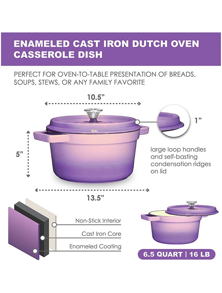 Bruntmor Enameled Cast Iron Dutch Oven Casserole Dish 6.5 quart Large Loop Handles & Self-Basting Condensation Ridges On Lid Gradient Purple - BIBA9ETKC