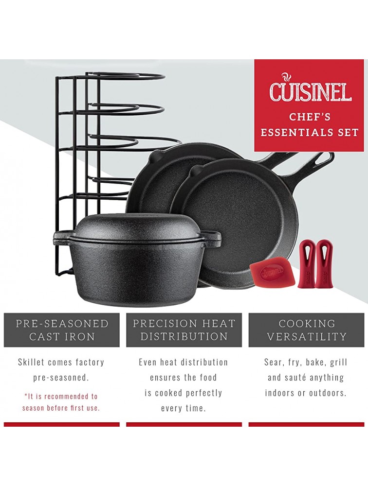 Cast Iron Cookware 5-Pc Set Pre-Seasoned 10+12 Skillet + 5-Quart Double Dutch Oven + Pan Rack Organizer + Silicone Handle Cover Grips + Scraper Cleaner- Stovetop Grill BBQ Indoor Outdoor Use - BH5WLLDWW