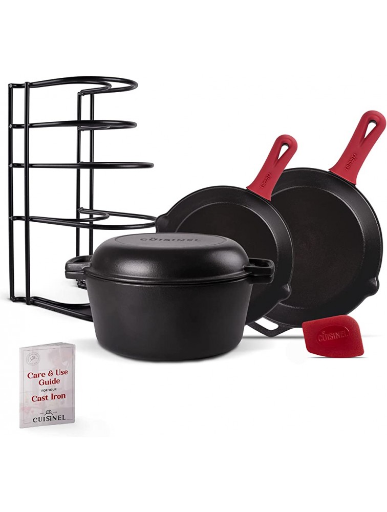 Cast Iron Cookware 5-Pc Set Pre-Seasoned 10"+12" Skillet + 5-Quart Double Dutch Oven + Pan Rack Organizer + Silicone Handle Cover Grips + Scraper Cleaner- Stovetop Grill BBQ Indoor Outdoor Use - BH5WLLDWW