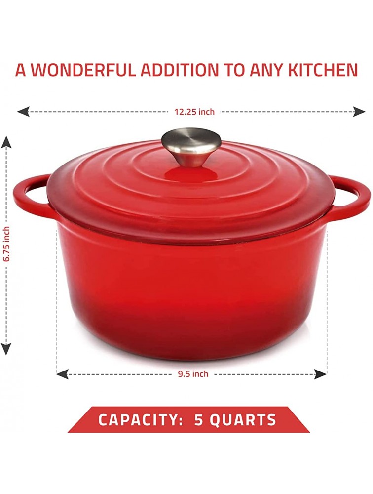 Enameled Cast Iron Dutch Oven 5qt Dutch Oven Pot with Lid and Steel Knob Cast Iron Cookware with Loop Handles for Gas Electric & Ceramic Stoves Red Enamel Dutch Oven for Cooking & Baking 5-Quart Cast Iron Enamel Dutch Oven - BTEBI12OC