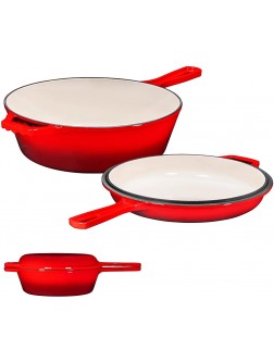 Enameled Red 2-In-1 Cast Iron Multi-Cooker By Bruntmor – Heavy Duty 3 Quart Deep Skillet and Lid Set Versatile Healthy Design Non-Stick Kitchen Cookware Use As Dutch Oven Frying Pan - BEP6UCXCI