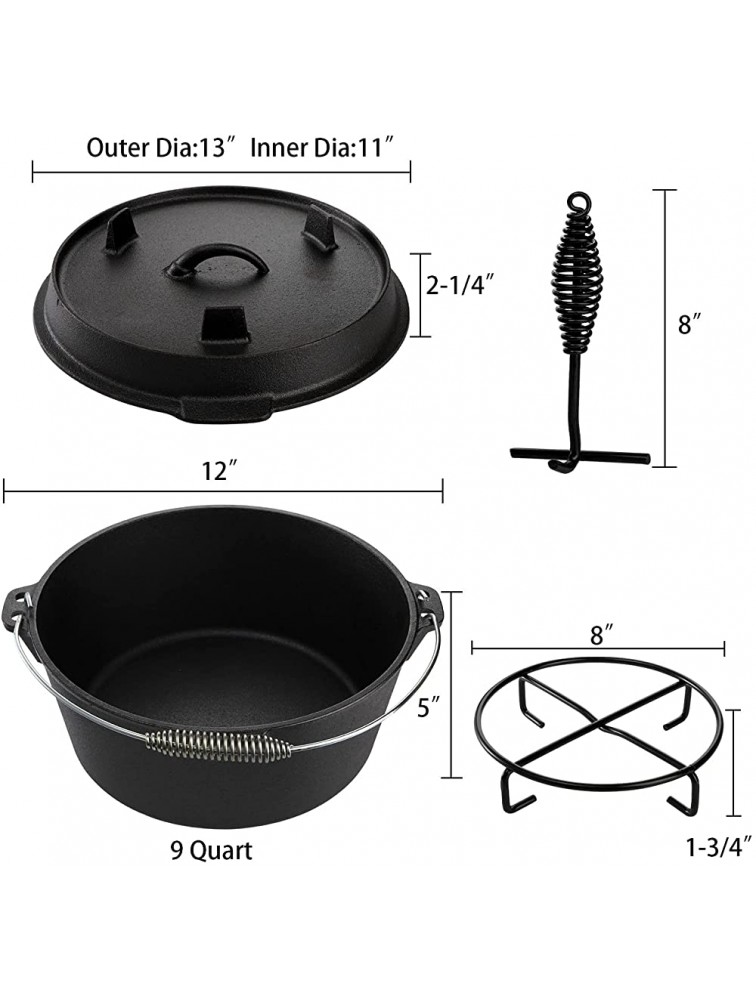 Jucoan 9 Quart Cast Iron Dutch Oven with 12 Inch Dual Function Lid Skillet Lid Lifter and Stand 2-In-1 Cooker Casserole Pot for Outdoor Camping Cooking BBQ - B90YHPHP1