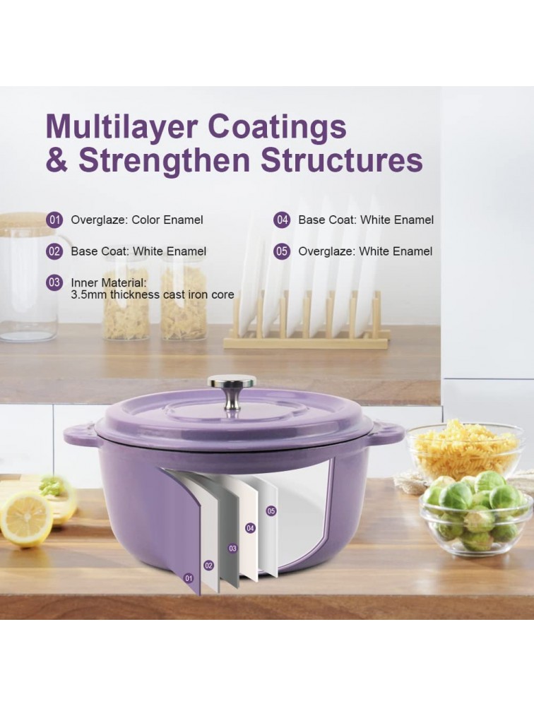 M-COOKER 5 Quart Round Enameled Cast Iron Dutch Oven with Lid Leaf Design Handle for Baking Roasting Braising Purple - B9U9O8Z9L