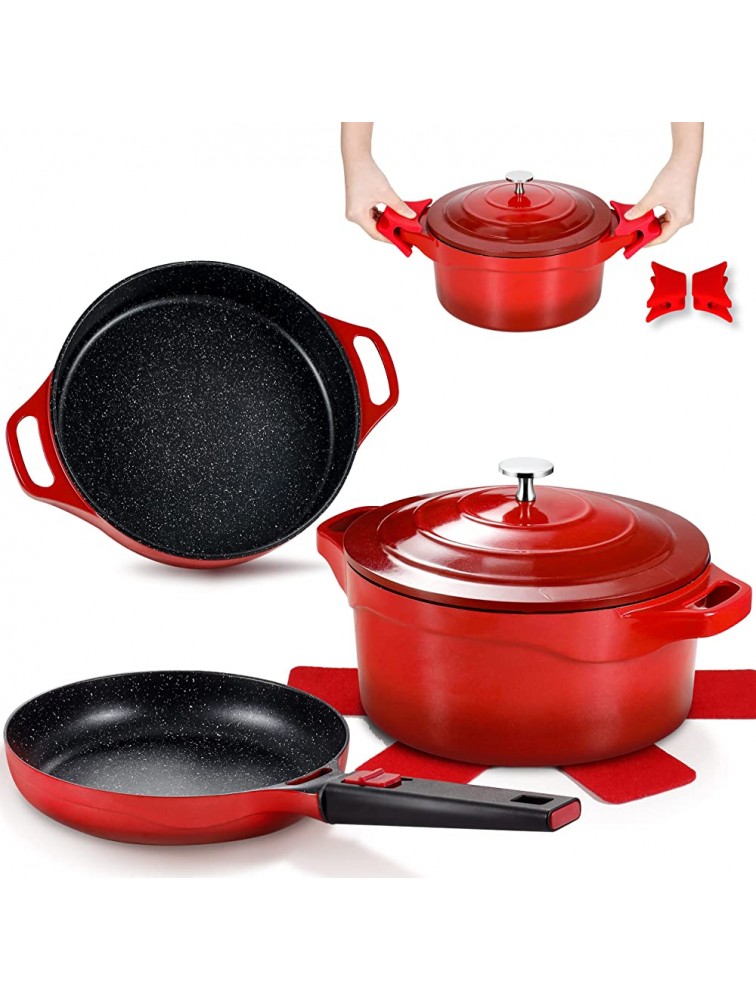 Nonstick Dutch Oven with Lid 3Pcs Pots and Pans Set with Stone-Derived Coating Frying Pan with Detachable Handle Saute Pan Stockpot with Lid Red - BSYNHJS6T