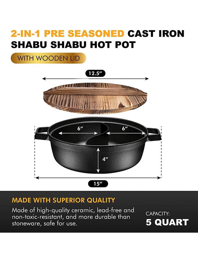 Pre-Seasoned 2-In-1 Cast Iron Shabu Shabu Hot Pot with Wooden Lid Heavy Duty 5 Quart Dutch Oven Skillet and Lid Set - B5ZLZJVZQ