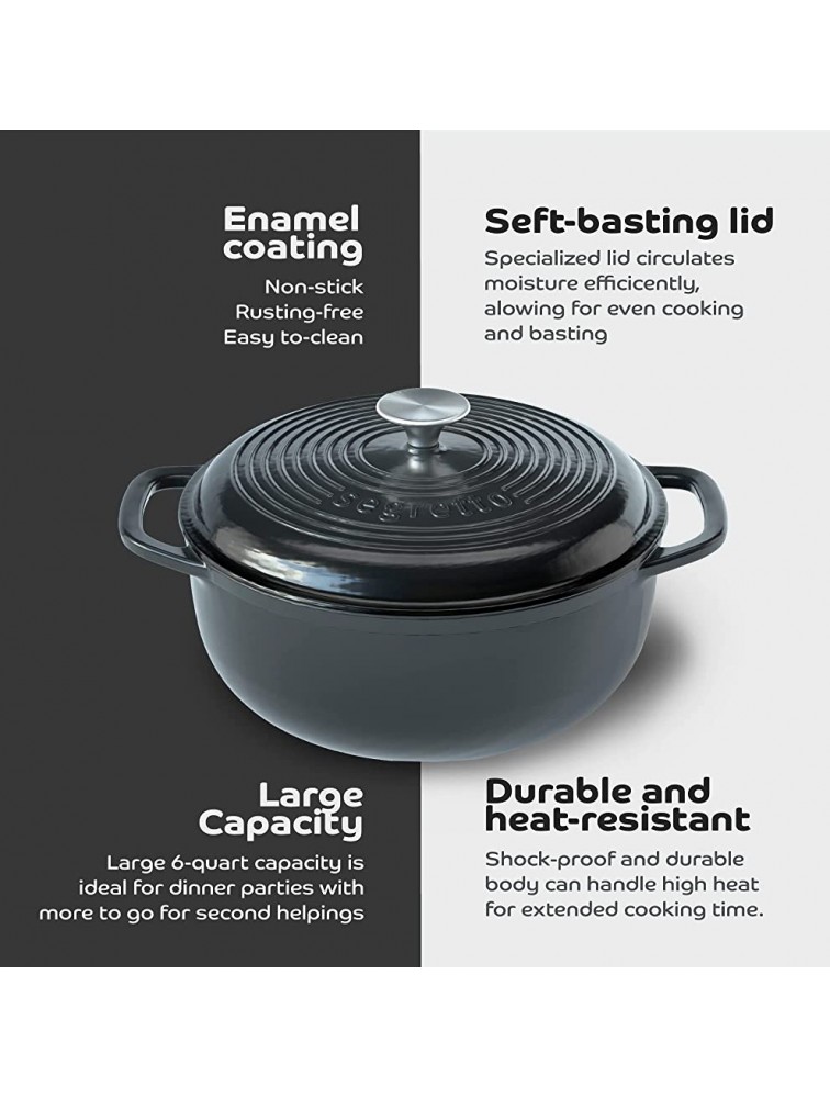 Segretto Cookware Enameled Cast Iron Dutch Oven with Handle 6 Quarts Nero Black Enameled Cast Iron Dutch Oven 6qt | Dutch Oven Wedding Gift | Enamel Cast Iron Cookware | Comes with Silicone Pot Holders - BIIJPK6GI