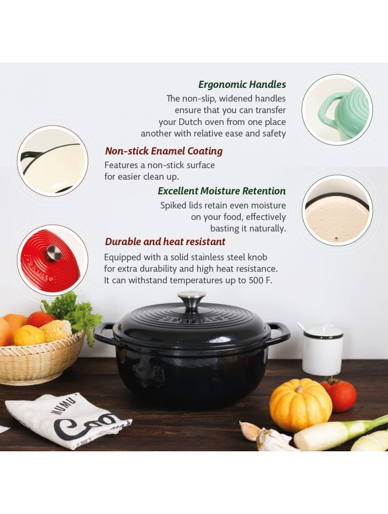 Segretto Cookware Enameled Cast Iron Dutch Oven with Handle 6 Quarts Nero Black Enameled Cast Iron Dutch Oven 6qt | Dutch Oven Wedding Gift | Enamel Cast Iron Cookware | Comes with Silicone Pot Holders - BIIJPK6GI