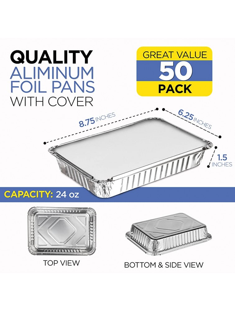 [50 Pack] Rectangular 1.5 lb 24 oz 8.75 x 6.25 x 1.5 Disposable Aluminum Foil Pan Take Out Food Containers with Flat Board Lids Hot Cold Freezer Oven Safe - BS547NPXW