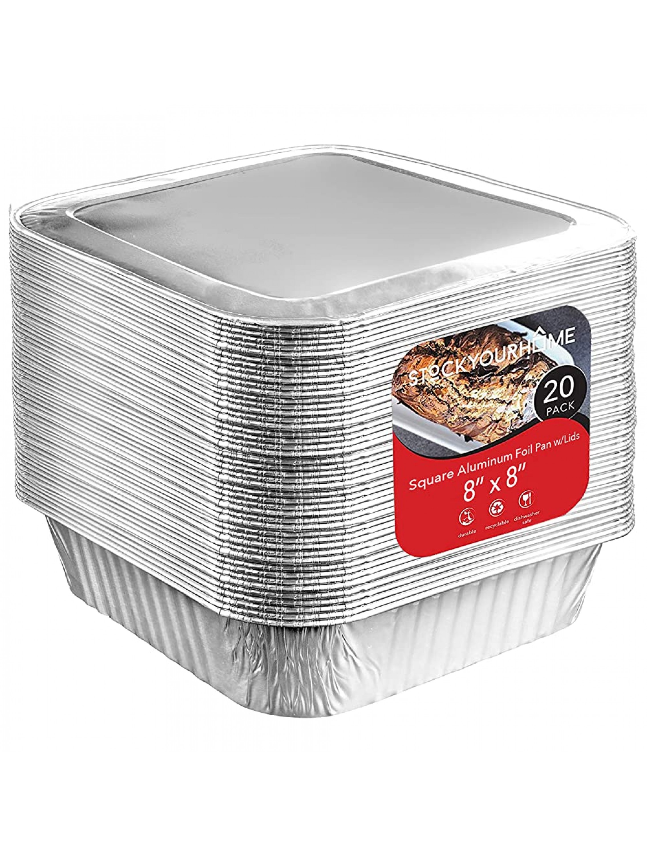 8x8 Foil Pans with Lids 20 Count 8 Inch Square Aluminum Pans with Covers Foil Pans and Foil Lids Disposable Food Containers Great for Baking Cooking Heating Storing Prepping Food - BBN814HN5