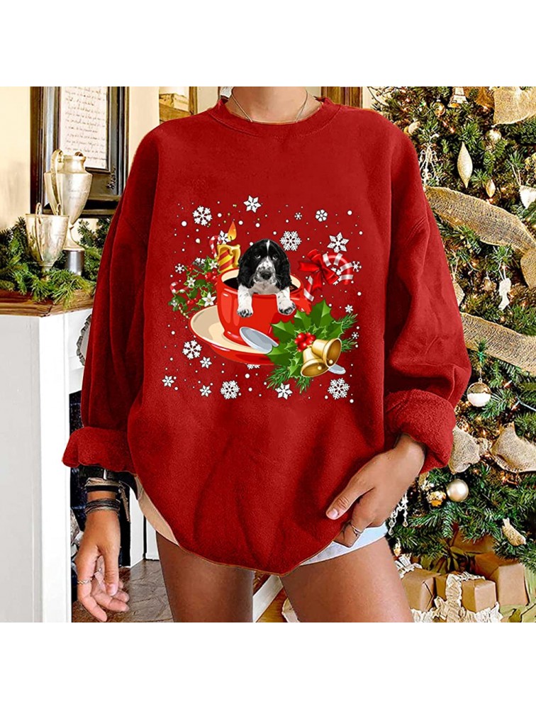 Long Sleeve Shirts for Women Crewneck Sweatshirt Christmas Classic Dog Printed Tops Casual Loose Pullover Blouse - BDS9C4UWS