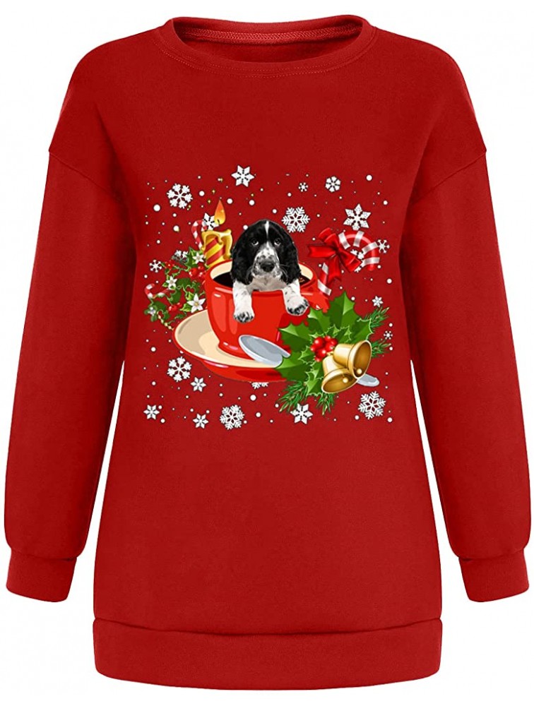 Long Sleeve Shirts for Women Crewneck Sweatshirt Christmas Classic Dog Printed Tops Casual Loose Pullover Blouse - BDS9C4UWS