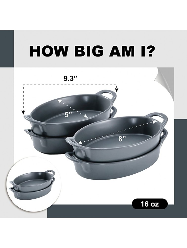 Bruntmor Set of 4 Oval Au Gratin 8x 5 Baking Dishes Lasagna Pan Ceramic Bakeware Ideal for Creme Brulee Easy Carry Handles Nice Table Serving Dish Oven To Table 16 Oz -Grey - BCEBV4CLV