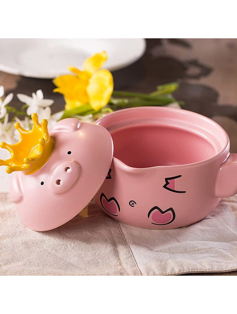 Cute ceramic stone bowl with cover used for cooking hot pot bibimbap and soup pink pig pot，Hand-painted ceramic casserole（1600ML） - B1RE9XGVG