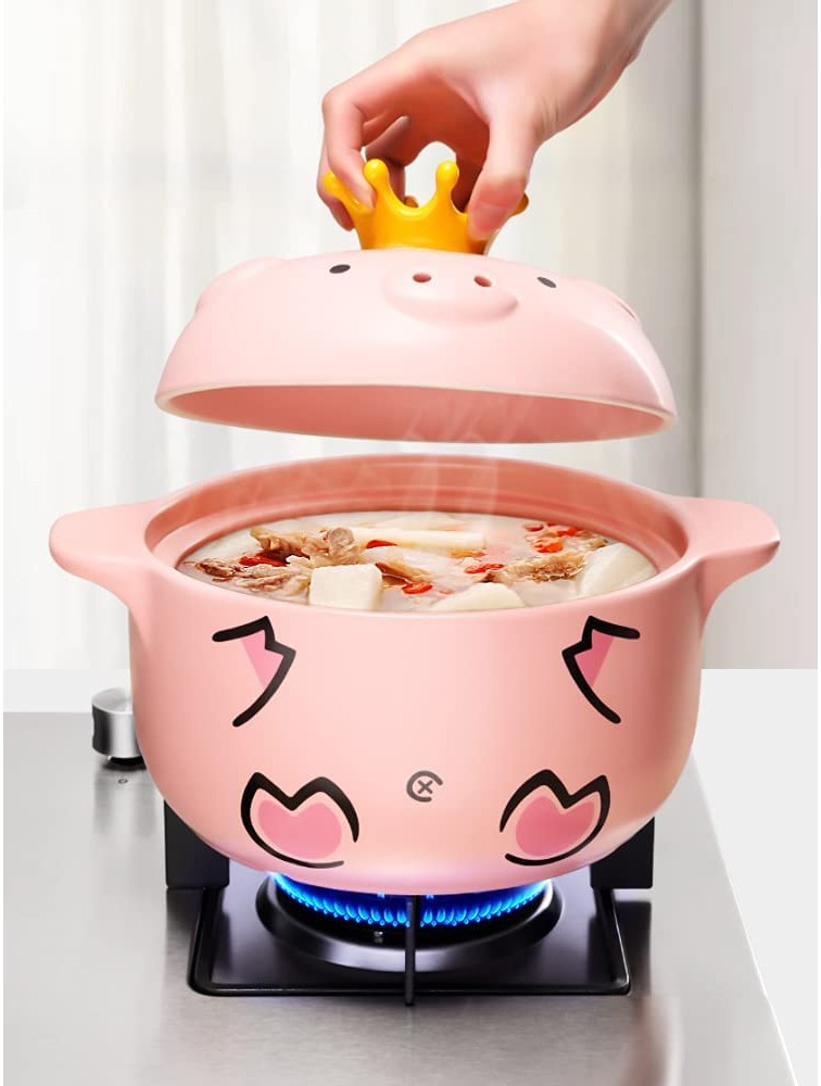 Cute ceramic stone bowl with cover used for cooking hot pot bibimbap and soup pink pig pot，Hand-painted ceramic casserole（1600ML） - B1RE9XGVG