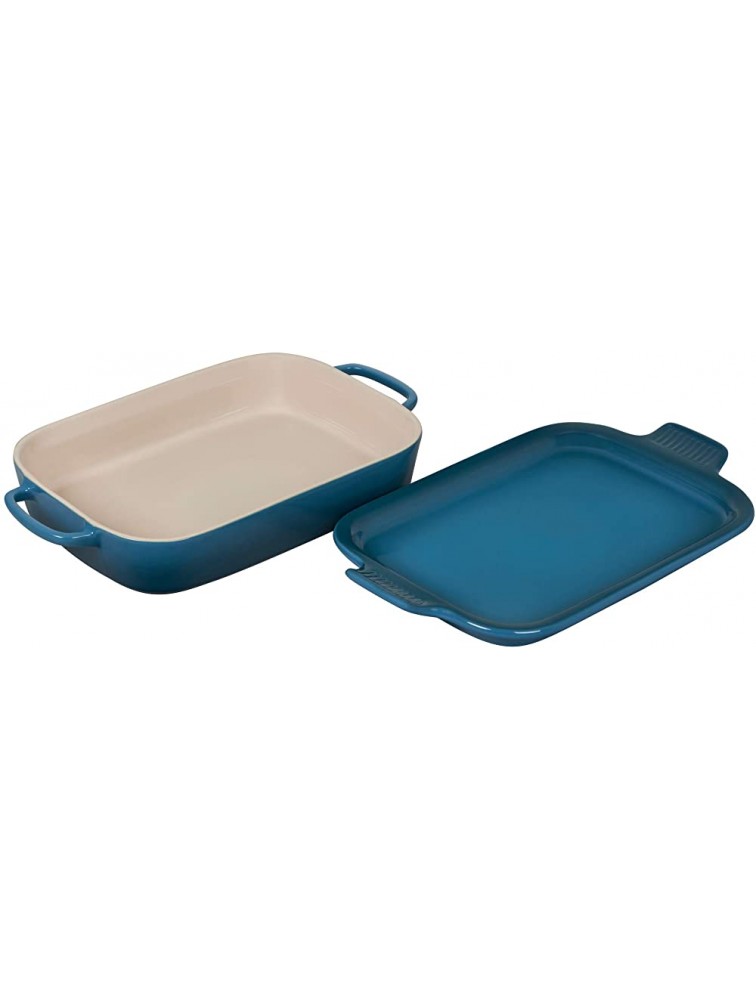 Le Creuset Heritage Casserole Stoneware Rectangular Dish with Platter Lid 14 3 4 inch x 9 inch x 2 1 2 inch Deep Teal 2.75 qt - BZCD7GIXM