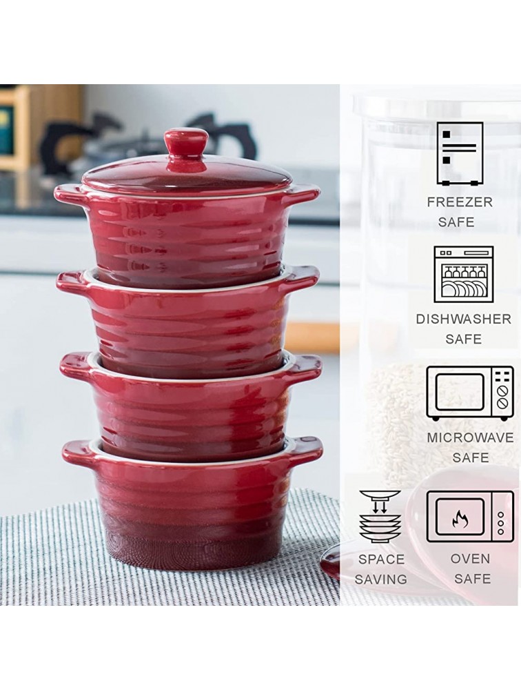 UNICASA Mini Cocotte Ramekins with Lid 8oz Round Covered Casserole Baking Dishes for French Onion Soup Sauces Ceramic Cookware Oven Safe Mini Pots for Cooking Set of 4 Red - BU3SGWNSB