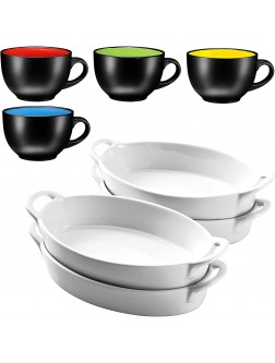 Bruntmor Set of 4 Oval Au Gratin 8"x 5" Baking Dishes Lasagna Pan Ceramic Bakeware Ideal for Crème Brulee Easy Carry Handles Nice Table Serving Dish and Jumbo Coffee and Cereal Set of 4 Jumbo Mugs - BTVANT5GI