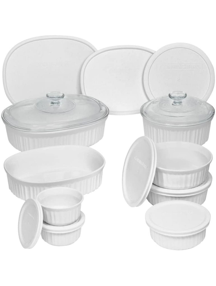 Durable Non-Porous French White 18 Piece Ceramic Made and Oven and Microwave Safe Bakeware Set with Lid by CorningWare - BB6ENF3ZW