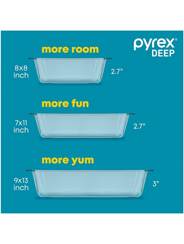 Pyrex Deep | Glass Baking Dish Set with Lids | Up to 50% Deeper than Pyrex Basics | 6 Piece Bakeware Set | Containers Measure 13x9in 7x11in and 8x8in | BPA Free Lids | Proudly Made in the USA - B6TI7TTQB