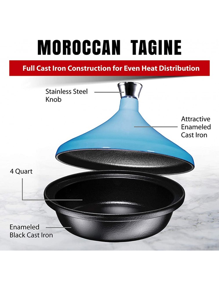 Bruntmor Blue Cast Iron Moroccan Tagine 4-Quart Cooking Pot with Silver knob Enameled Base and Cone-Shaped Ceramic Lid Good for Baking and Frying Oven and Dishwasher safe and Ramen Bowl 13 Oz. Set - BOECLUL71