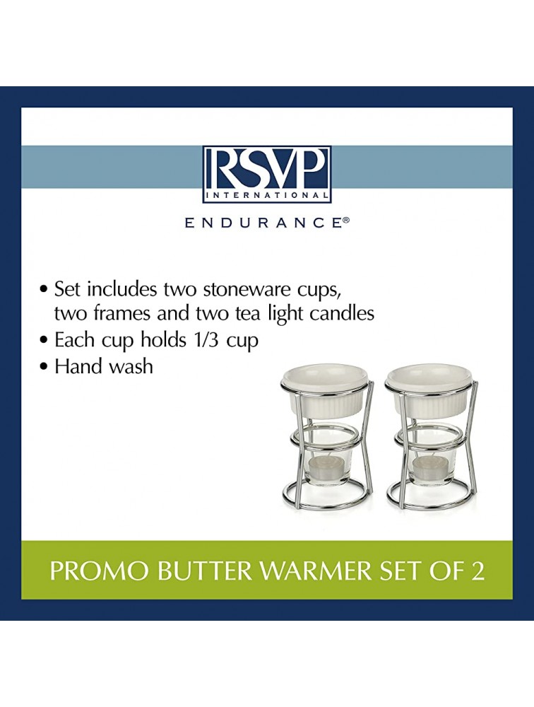 RSVP International Kitchen Collection Butter Warmer Set Includes Stoneware Cups Glass Tealight Holder Candles and 5-Inch Tall Chrome Wire Frames 1 3-Cup Capacity White - BNK8V93PV
