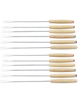 Antrader Set of 12 Stainless Steel Cheese Fondue Forks Barbecue Skewers Marshmallow Roasting Sticks with Heat Resistant Oak Wood Handle 9.4" Long - BK1JW8YAM