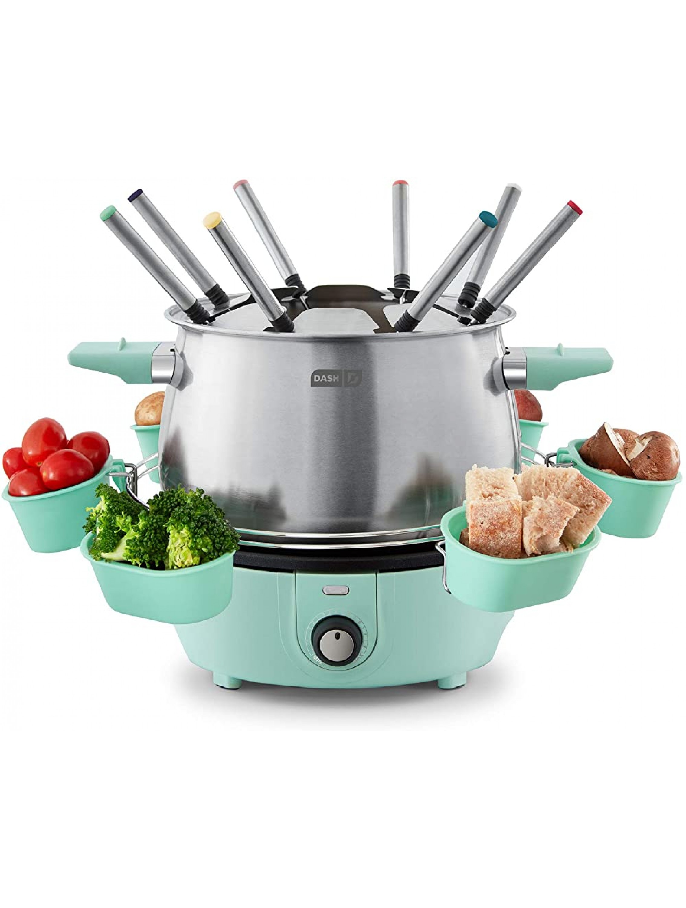 Dash Deluxe Stainless Steel Fondue Maker with Temperature Control Fondue Forks Cups and Rack with Recipe Guide Included 3-Quart Non-Stick – Aqua - B57CWRDX1