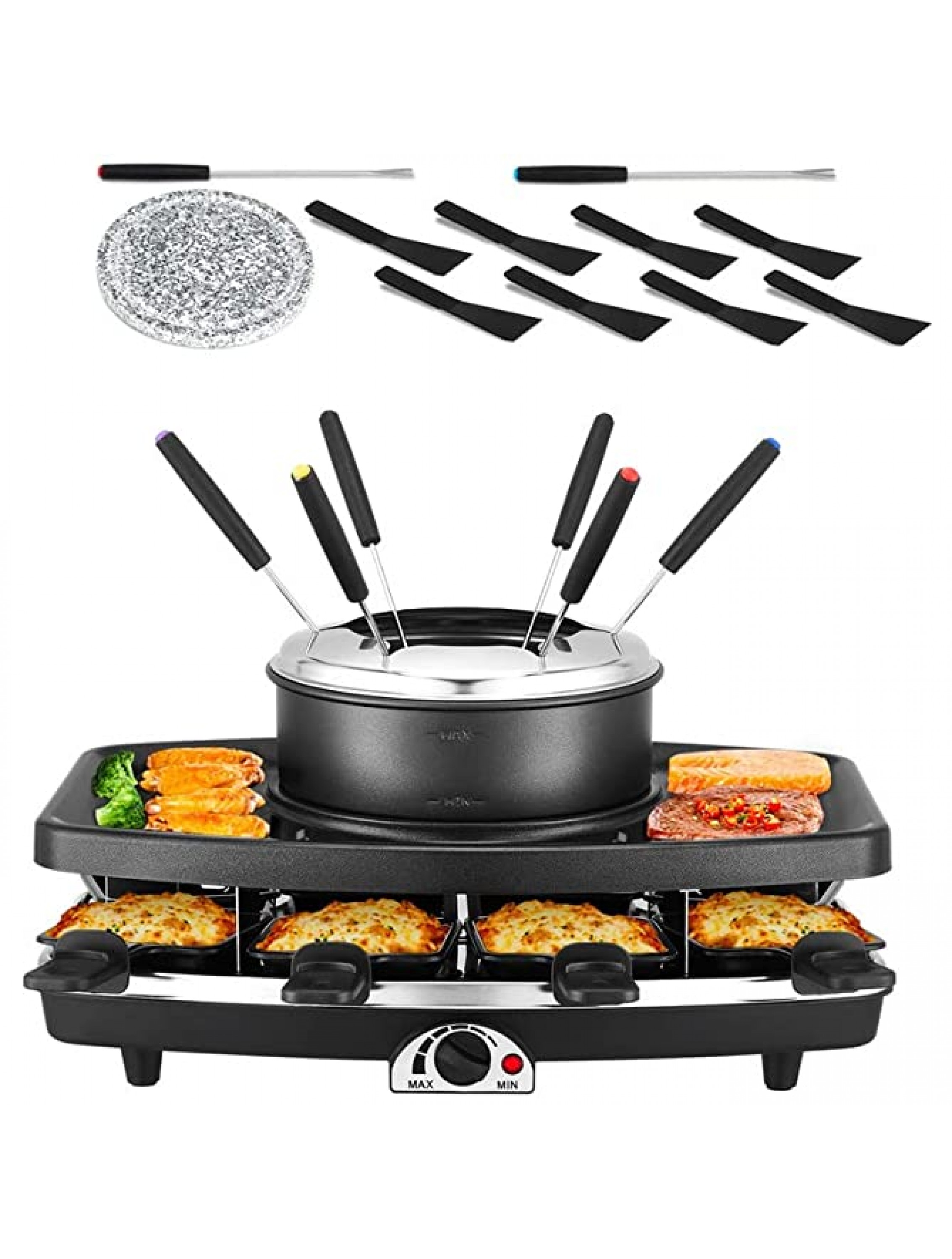Electric Raclette ​BBQ Grill with Fondue Pot Sets Portable Korean Table Grill Electric Indoor Cheese Raclette Dual Adjustable Thermostats 8 People Serve Perfect for Parties and Family Fun - B0S0QCHLH