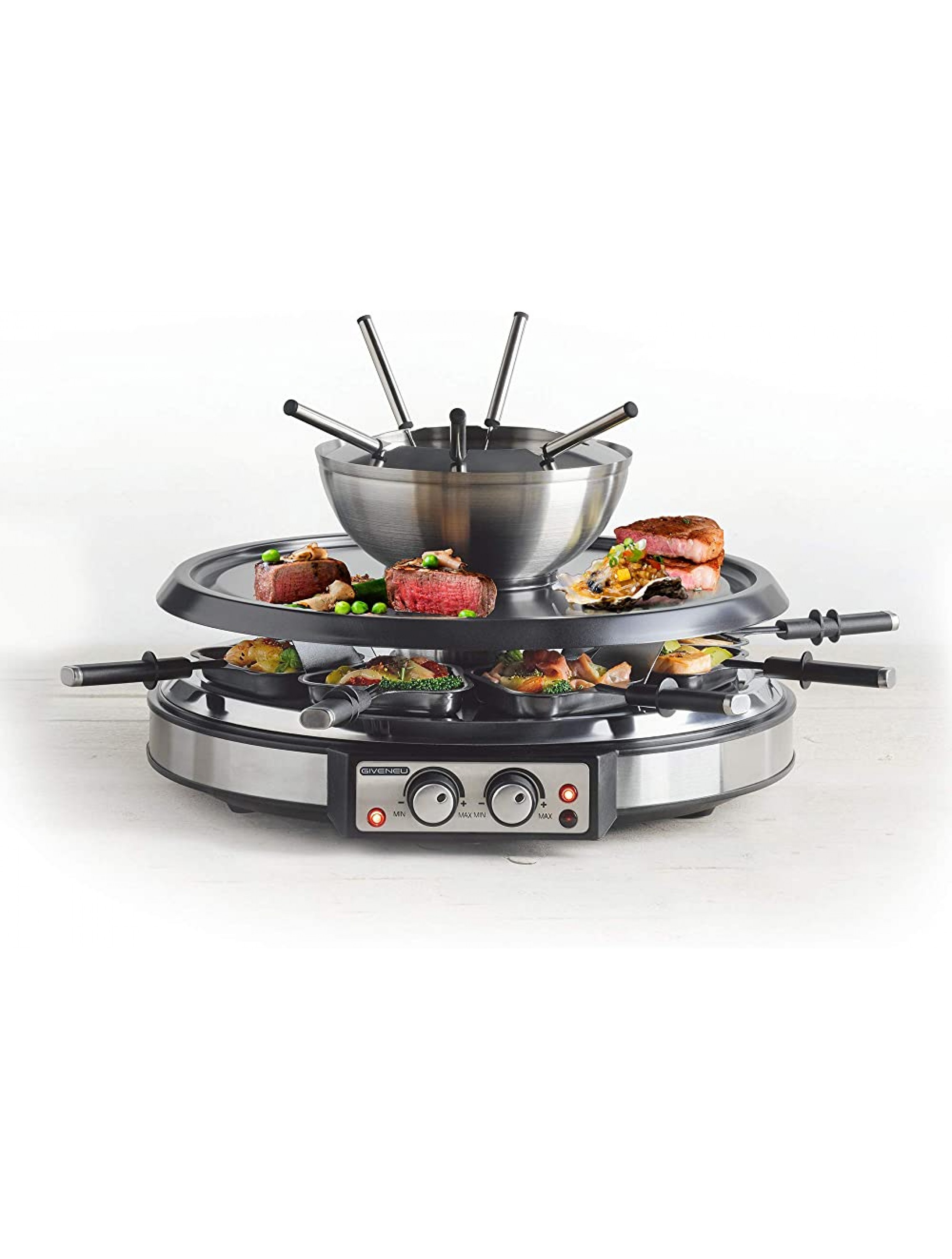 GIVENEU Electric Fondue Pot Sets with BBQ Grill 1500W Fondue Pots with 8 Forks and Electric Raclette BBQ Grill Dual Adjustable Thermostats Perfect Fondue Grill Combo for 8 People Serve - B5JNGI1VQ