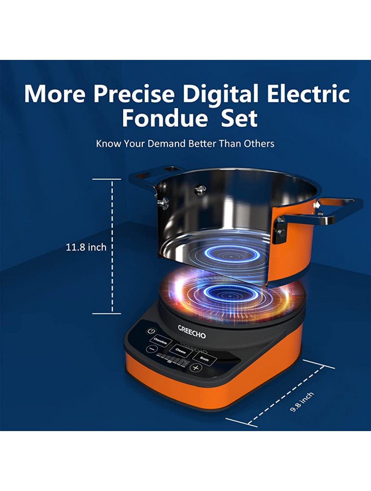 GREECHO Fondue Pot Electric Set 2.6 Qt Stainless Steel Electric Fondue Pot with 3 Preset Mode Cheese Chocolate & Broth and Precise Digital 7 Gear Temperature Control 1200W Fondue Pot Set with Separated Fondue Pot & 6 Color-Coded Forks Carrot Orange - BPYVVSF2N