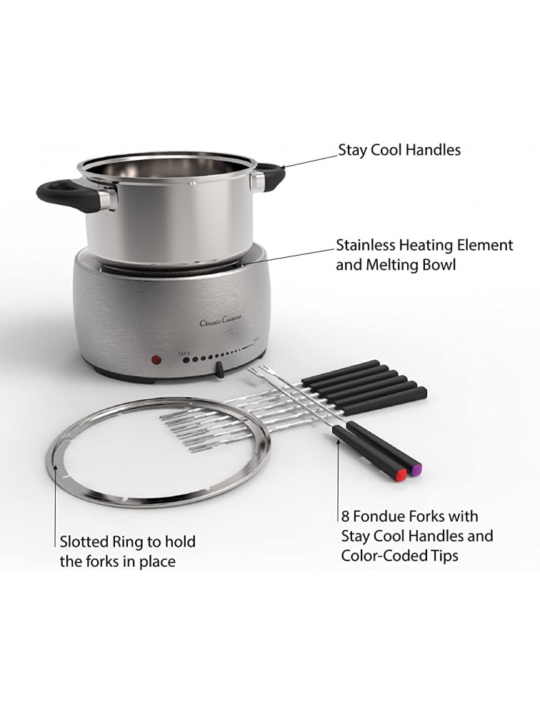 Stainless Steel Fondue Pot Set- Melting Pot Cooker and Warmer for Cheese Chocolate and More- Kit Includes 8 Forks By Classic Cuisine -Dishwasher Safe - BEAH9RZAV
