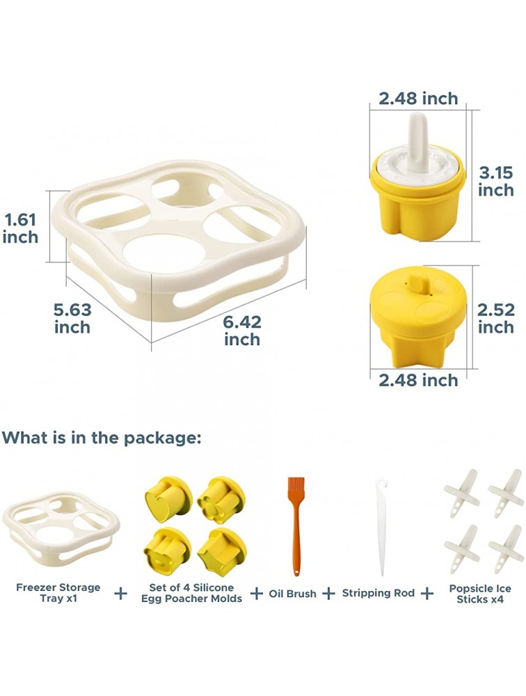 Egg Poacher Set of 4 Egg Bites Silicone Mold and Popsicle Ice Sticks with Brush and Freezer Tray Baby Food Maker Hard Boiled Egg Cooker Steamer Food-Grade Reusable Non-Toxic BPA Free - BD500HAV9