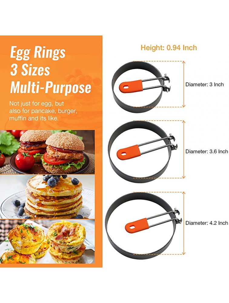 meidong Egg Ring 3 Packs in 3 Sizes Anti-Scald Egg Rings for Frying Leak-Proof with an Oil Brush Fold-up Stainless Handle Nonstick Egg Rings Mold 3 + 3.6 + 4.2 inch - BNBEODVD8