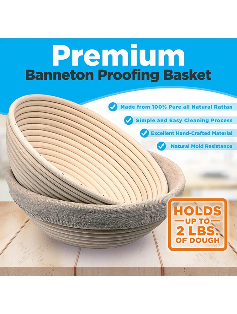 NutriChef Banneton Bread Proofing Basket Natural Rattan Sourdough Proving Container Set with Washable Linen Cloth Scrapper Scoring Lame w Blades Measuring Spoons Silicone Baking Brush - BTXBCGAWA