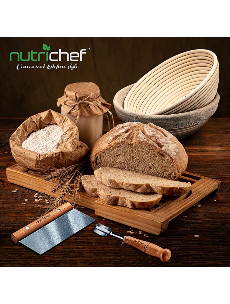 NutriChef Banneton Bread Proofing Basket Natural Rattan Sourdough Proving Container Set with Washable Linen Cloth Scrapper Scoring Lame w Blades Measuring Spoons Silicone Baking Brush - BTXBCGAWA