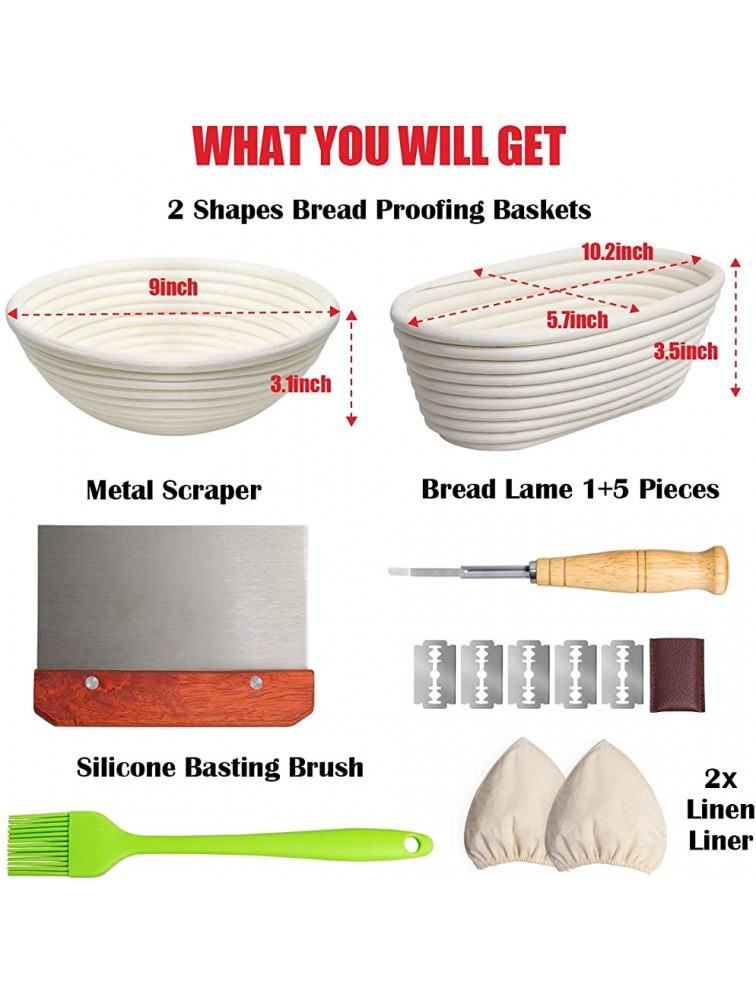RORECAY Bread Banneton Proofing Basket Set of 2 9 Inch Round & 10 Inch Oval Cane Sourdough Baskets with Bread Lame + Dough Scraper + Linen Liner + Basting Brush for Bread Making Baking Fermentation - B4RBXOAGX