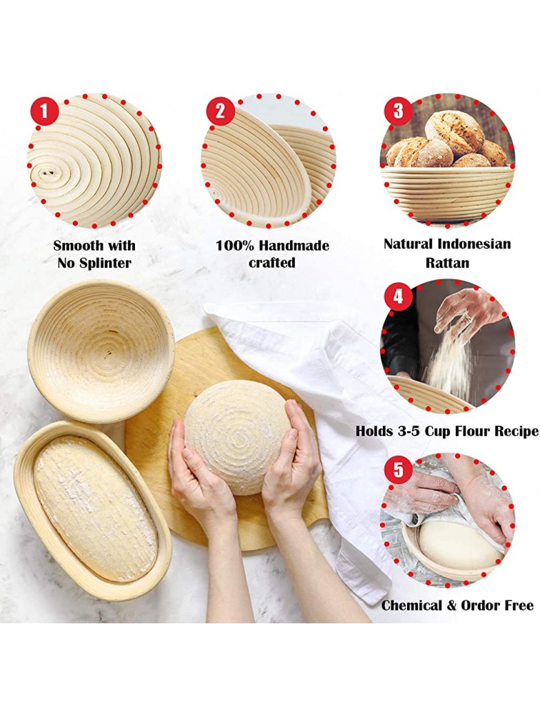 RORECAY Bread Banneton Proofing Basket Set of 2 9 Inch Round & 10 Inch Oval Cane Sourdough Baskets with Bread Lame + Dough Scraper + Linen Liner + Basting Brush for Bread Making Baking Fermentation - BAYOGQQCI