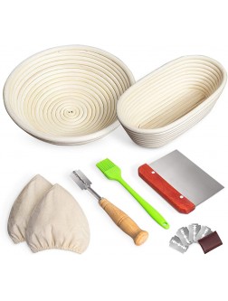 RORECAY Bread Banneton Proofing Basket Set of 2 9 Inch Round & 10 Inch Oval Cane Sourdough Baskets with Bread Lame + Dough Scraper + Linen Liner + Basting Brush for Bread Making Baking Fermentation - BAYOGQQCI