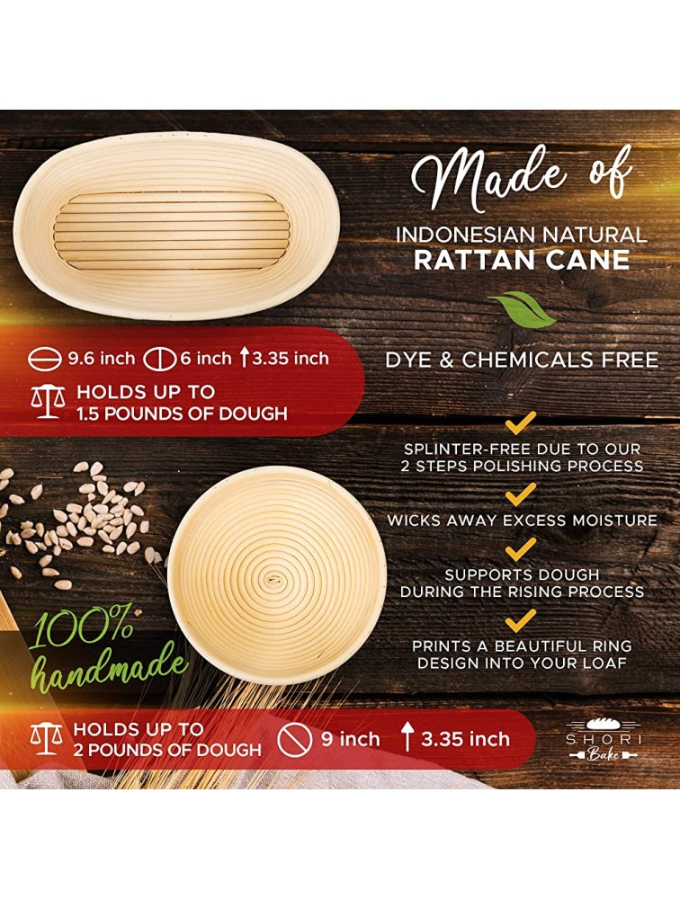 Shori Bake Bread Banneton Proofing Basket Set of 2 Round 9 Inch & 9.6 Inch Oval + Sourdough Bread Making Tools Kit Baking Gifts for Bakers Liner Bread Lame Bowl & Dough Scraper Danish Dough Whisk - B8QBBPW27