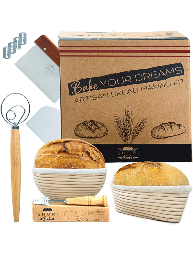 Shori Bake Bread Banneton Proofing Basket Set of 2 Round 9 Inch & 9.6 Inch Oval + Sourdough Bread Making Tools Kit Baking Gifts for Bakers Liner Bread Lame Bowl & Dough Scraper Danish Dough Whisk - B8QBBPW27