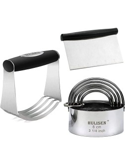 HULISEN Stainless Steel Pastry Scraper Dough Blender & Biscuit Cutter Set 3 Pieces  Set Heavy Duty & Durable with Ergonomic Rubber Grip Professional Baking Dough Tools Gift Package - BEL1YANEW